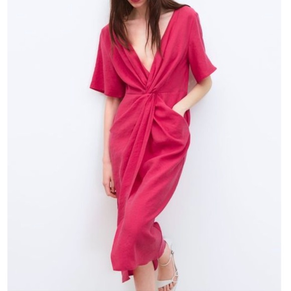 Zara Dresses & Skirts - Zara Knotted Twist Front Lyocell V Neck Midi Dress Small